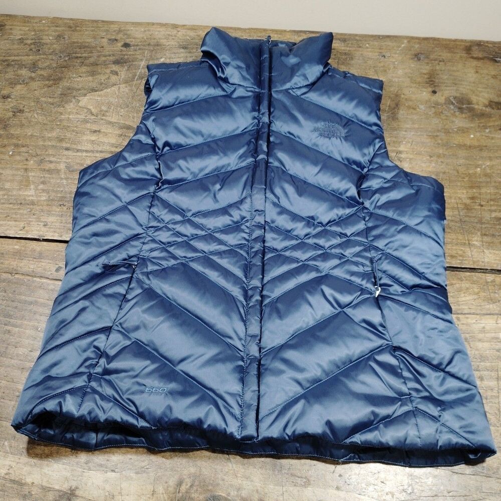 The North Face Womens Sz Large 550 Down Puffer Vest Blue Chevron Quilted Down